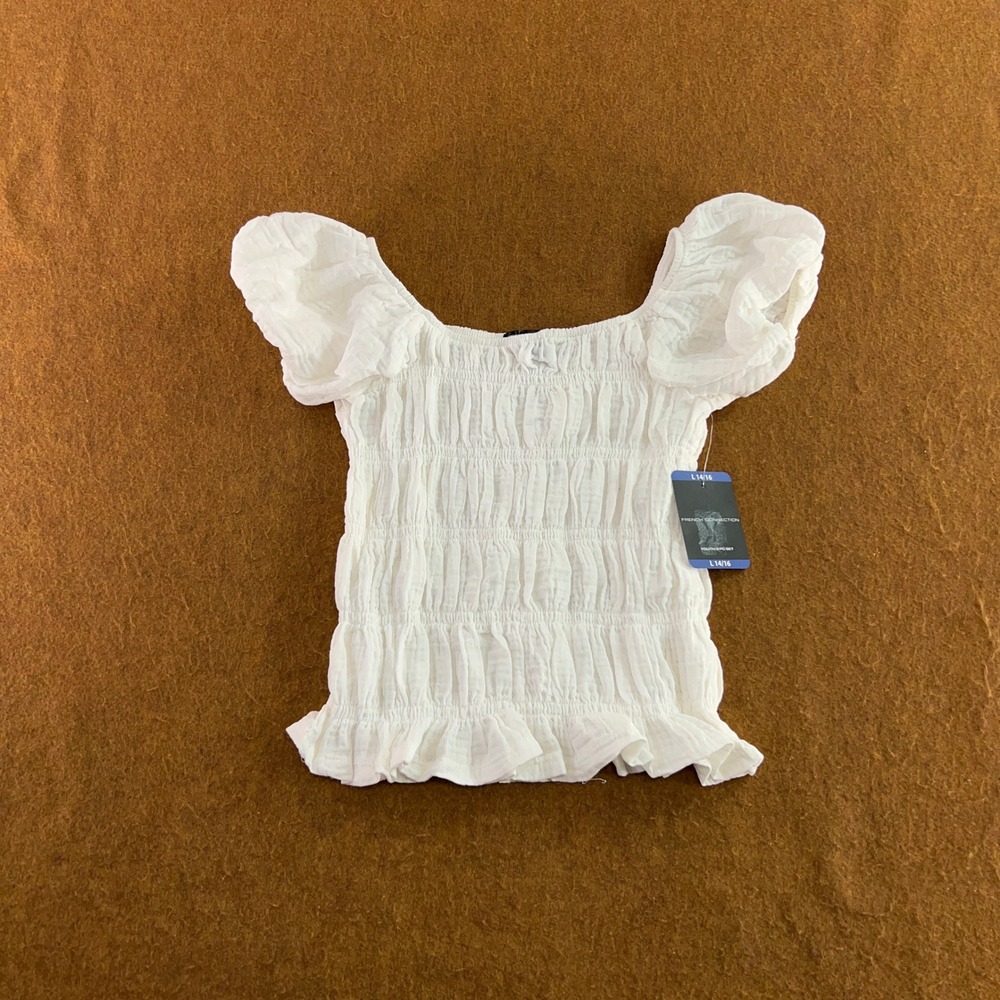 French Connection Girls L 14/16 White Smocked Puff Sleeve Ruffle Hem Top NWT